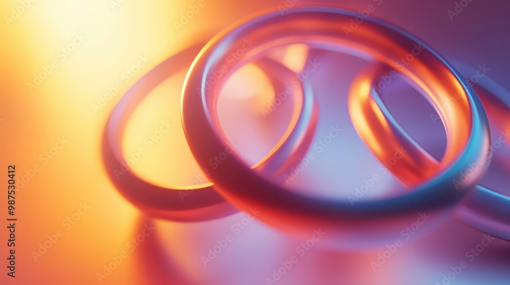 Poster a 3d model of interlocking rings made of different materials, floating in a space filled with soft g
