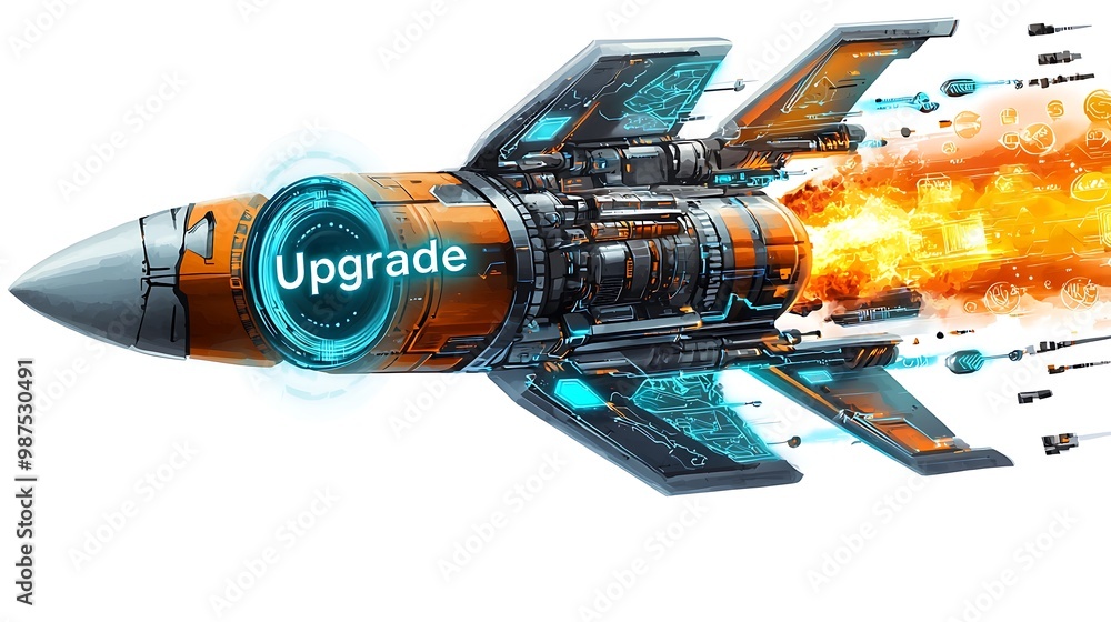 Poster futuristic rocket upgrade - transformation into digital high-tech icon on white background