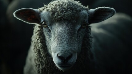   A close-up of a sheep's face surrounded by other sheep in monochromatic photo