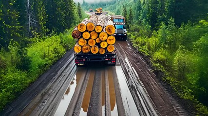 Logging truck transporting large timber logs on a muddy forest road, highlighting deforestation, transportation, and wood industry in a rural landscape.

