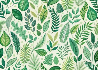 Fototapeta premium * Delicate green leaves and botanically accurate drawings of plants seamlessly blend with floral silhouettes in this intricate vector pattern.