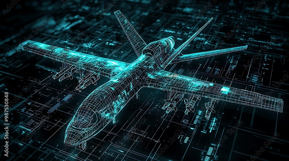 Poster futuristic 3d drone upgrade with advanced weapons and flight systems glowing in the dark