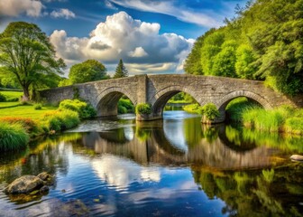 Delicate stone bridge and ancient archway span a serene river in the heart of Ireland's picturesque countryside, surrounded by lush greenery.