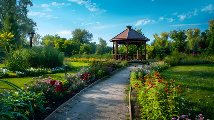 Fototapeta premium Serene Garden Path with Gazebo and Blooming Flowers