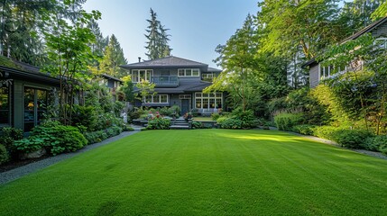 A Modern House with a Lush Green Lawn and Landscaping