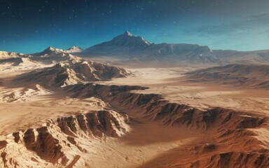 Naklejka premium Desert landscape mountains. Arid, rocky terrain with rugged peaks and valleys under a starry sky. The scene evokes a sense of solitude and vastness.