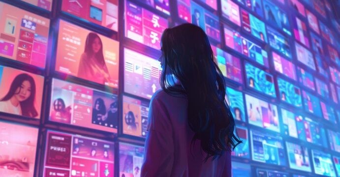 Backview Of Caucasian Woman Connecting to Animated Stream Of Content. Visualization Of Browsing Metaverse Big Data with Viral Videos, Social Media Profiles with Influencers, and Internet Communities.