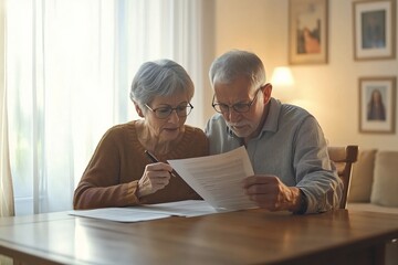 African American elderly couple reviewing healthcare and insurance documents at home dining table. Financial concern concept