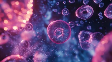 Fototapeta premium Time-lapse animation of cells dividing under a microscope, symbolizing life, growth, and reproduction.