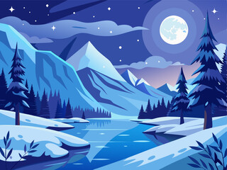 Fototapeta premium Beautiful winter landscape. The moon over the mountains, forest and lake in snowy weather.
