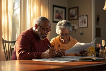 African American senior couple examining insurance papers together in a sunlit home setting. Retirement security concept