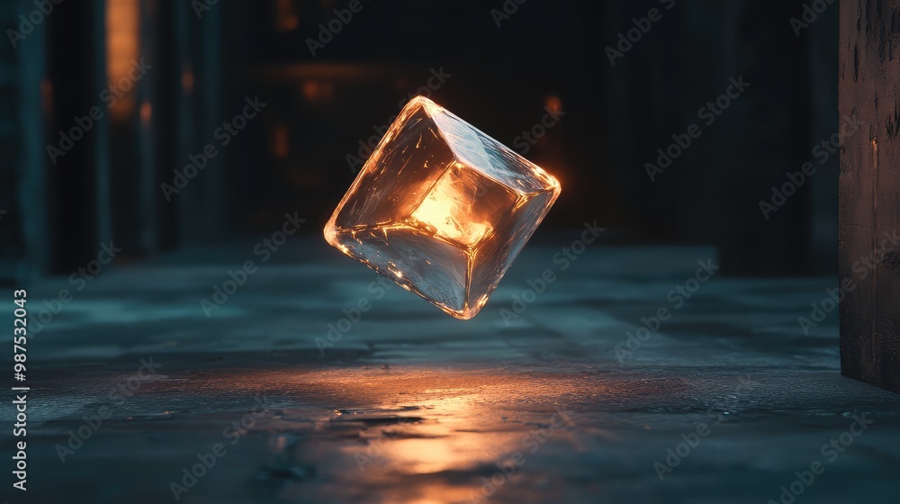 Poster a floating 3d polyhedron made of transparent glass, softly glowing as it rotates in an empty, dark s