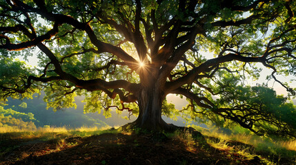 Obraz premium Sunbeams Through Ancient Tree Canopy Nature Photography