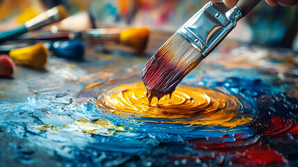 Fototapeta premium A paintbrush stirring vibrant colors on a palette, reflecting the creativity of an artist at work.