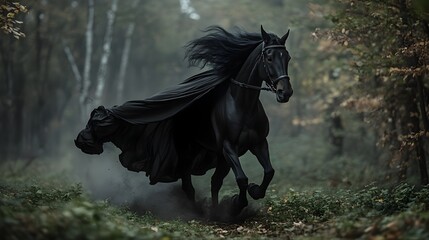 Obraz premium Dramatic image of a powerful black horse galloping at high speed through an autumnal forest wearing a flowing black witch s costume cape The scene has a moody mystical and supernatural atmosphere