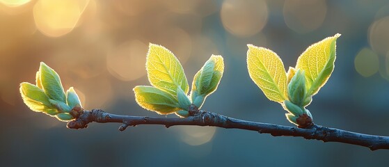 Close up view of fresh green leaves unfurling and sprouting on a tree branch symbolizing the start of spring growth and the cycle of renewal in nature