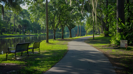 Fototapeta premium Tranquil Riverfront Path Scenic Walkway Through Lush Greenery