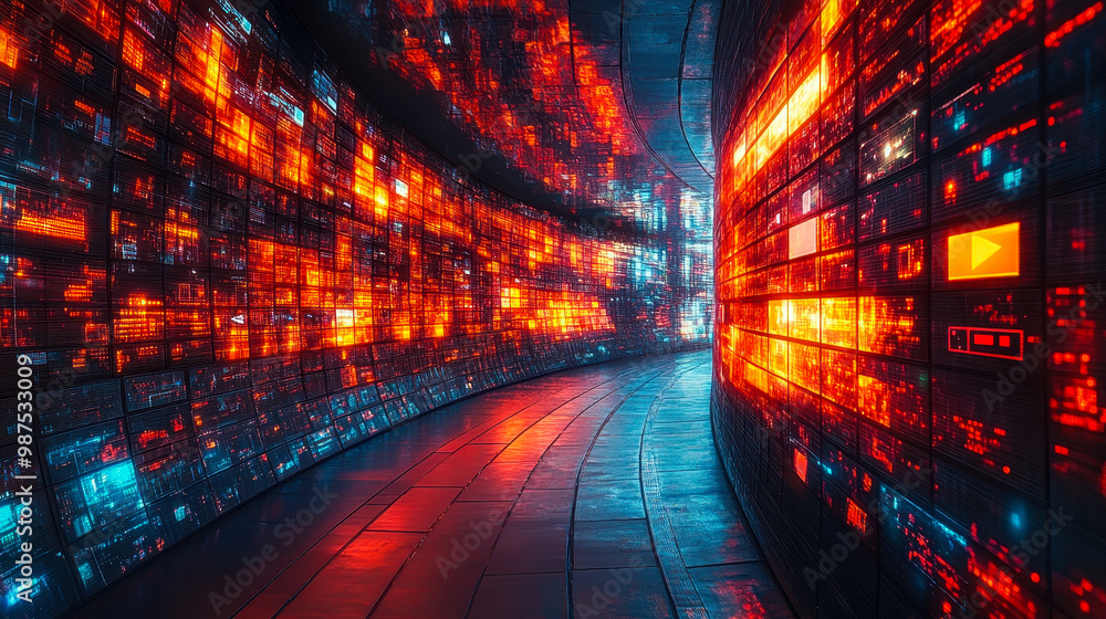 Poster futuristic digital tunnel with social media and video streaming interface featuring colorful led scr