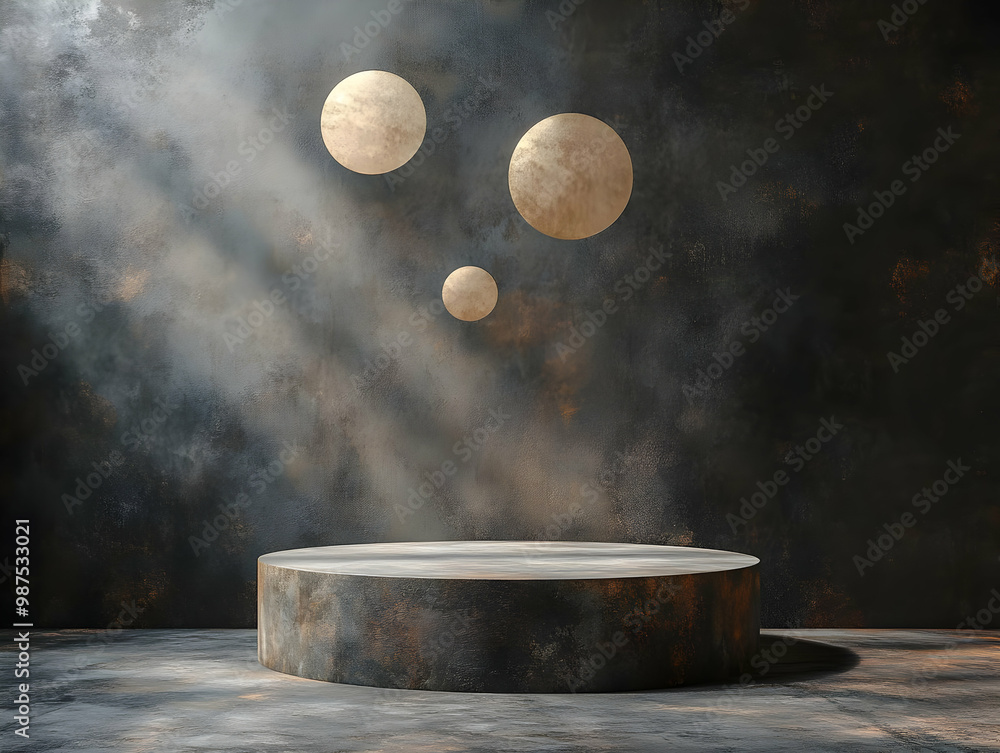 Poster a modern abstract scene featuring a circular platform with floating spheres and dramatic lighting ef