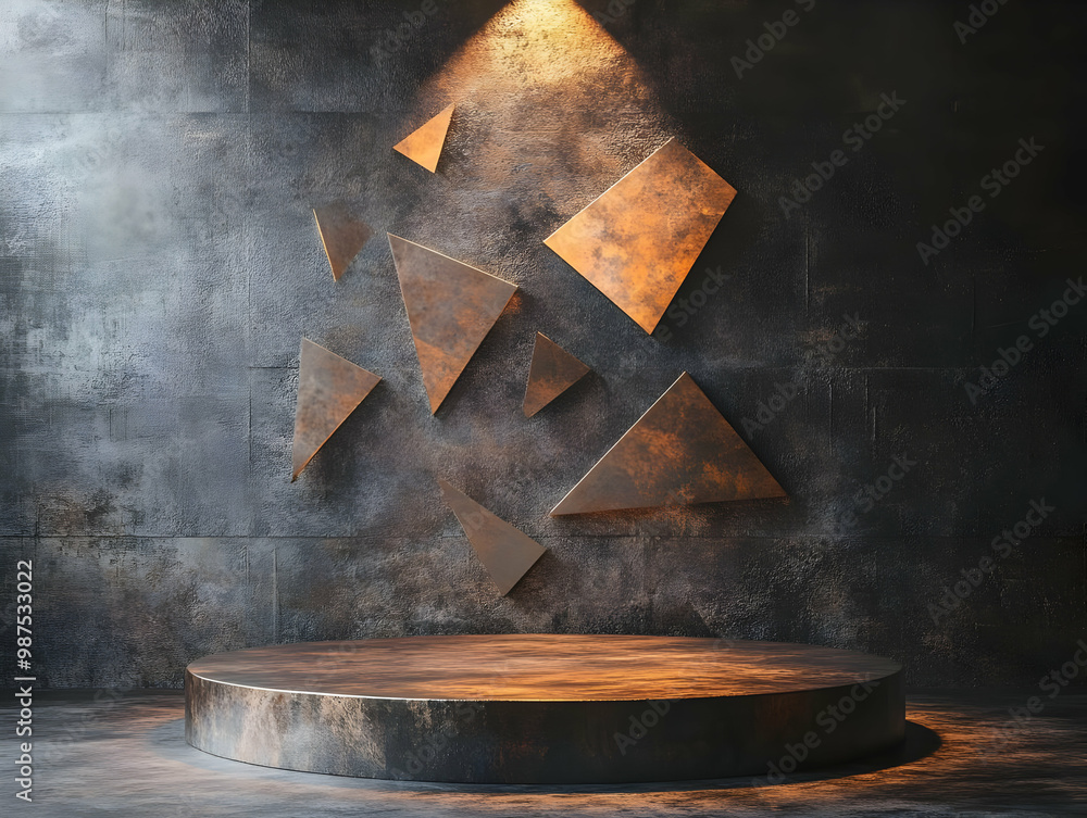 Aufkleber modern artistic display with geometric shapes on a textured background, featuring warm lighting and 