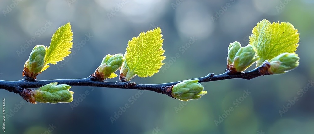 Aufkleber close up of fresh green leaves unfurling on a tree branch signifying the arrival of spring and the p