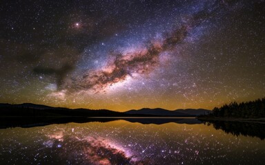 Naklejka premium Milky way reflection. Milky Way galaxy reflected in a still lake, with a dark mountain range in the background. The night sky is filled with stars.