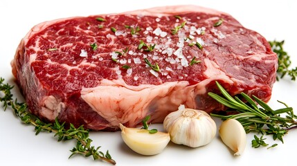 Fototapeta premium Raw beef steak with salt, rosemary, thyme and garlic on white background.
