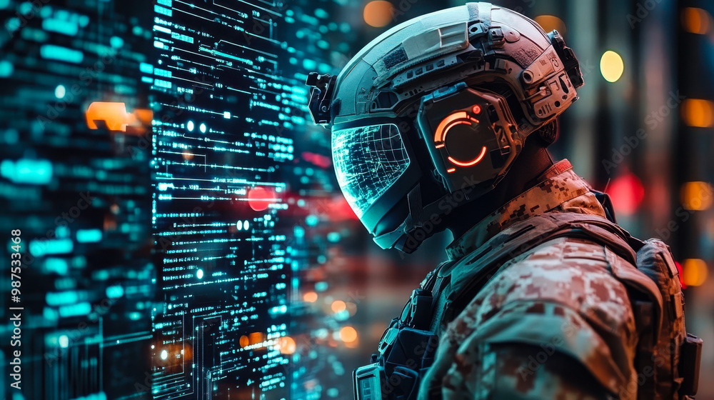Poster futuristic soldier in advanced combat gear with virtual interface and digital data streams in high-t