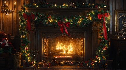 Fototapeta premium A Christmas-decorated fireplace features red bows, green garland, and a bear on the mantel