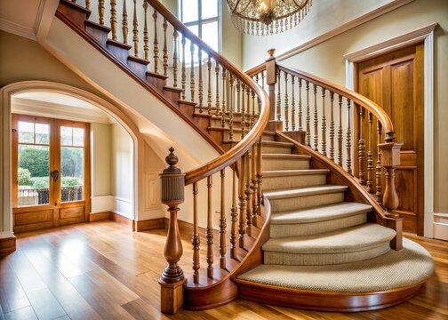 Elegant wooden banister features intricate spindles and a curved handrail, seamlessly blending classic and modern design elements in a sophisticated harmonious fusion.