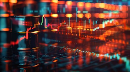 Fototapeta premium Dramatic composition of oil barrels with stock market graph highlighting supply and demand dynamics