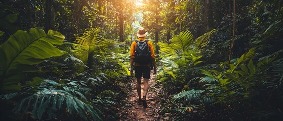 A person walking down a winding overgrown path in a lush tropical forest embarking on a new adventure and journey of and discovery