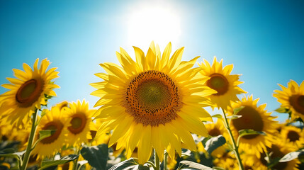 A vibrant field of sunflowers illuminated by sunlight against a clear blue sky.