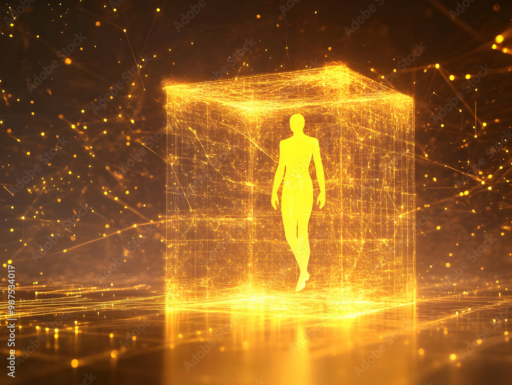 Poster a glowing figure within a digital cube, surrounded by sparkles and lines, representing innovation an