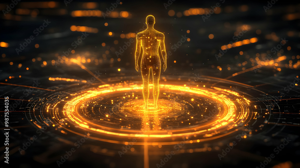 Poster a glowing, digital representation of a human silhouette surrounded by luminous patterns and circuits