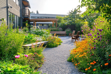 Obraz premium A beautifully designed garden with stone walkways, lush greenery, and colorful flowers in front of an apartment building