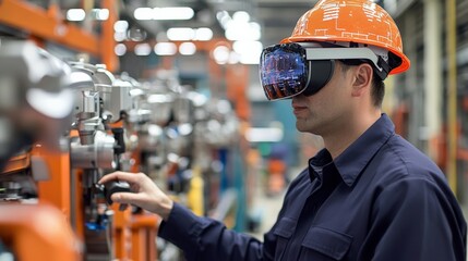 An engineer using augmented reality glasses to overlay digital instructions on a physical assembly line, enhancing precision and productivity