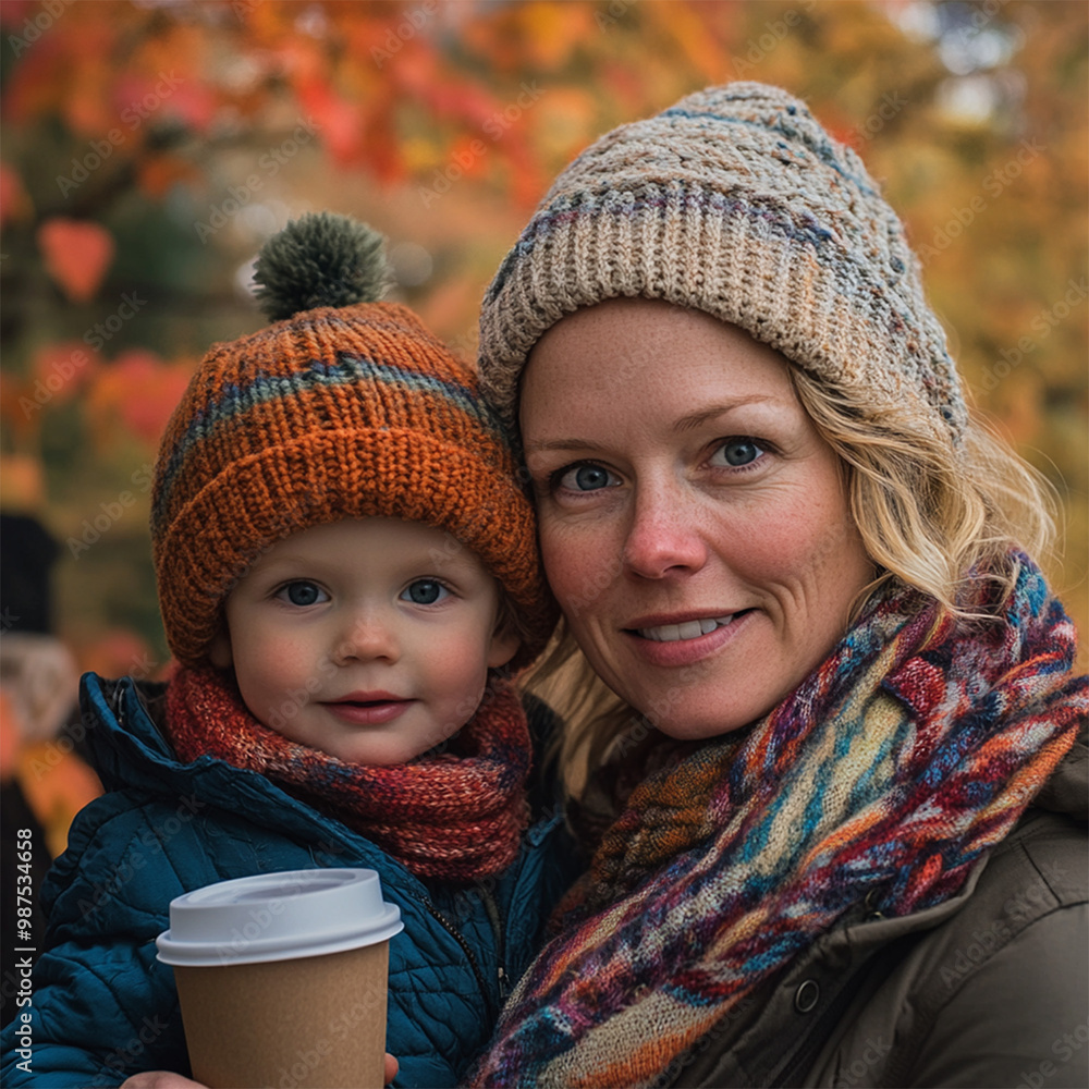 Canvas Prints fall autumn portrait of mother and child with hats and scarfs. Out-of-focus fall foliage background