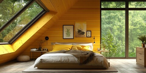modern yellow attic bedroom with elegant sloping wooden walls, minimalist bedside tables and glass windwos with natural green view 