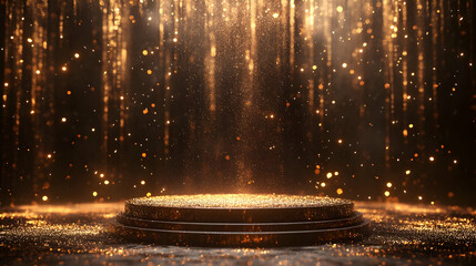 A glowing stage with shimmering particles and golden light effects, ideal for presentations and creative projects.