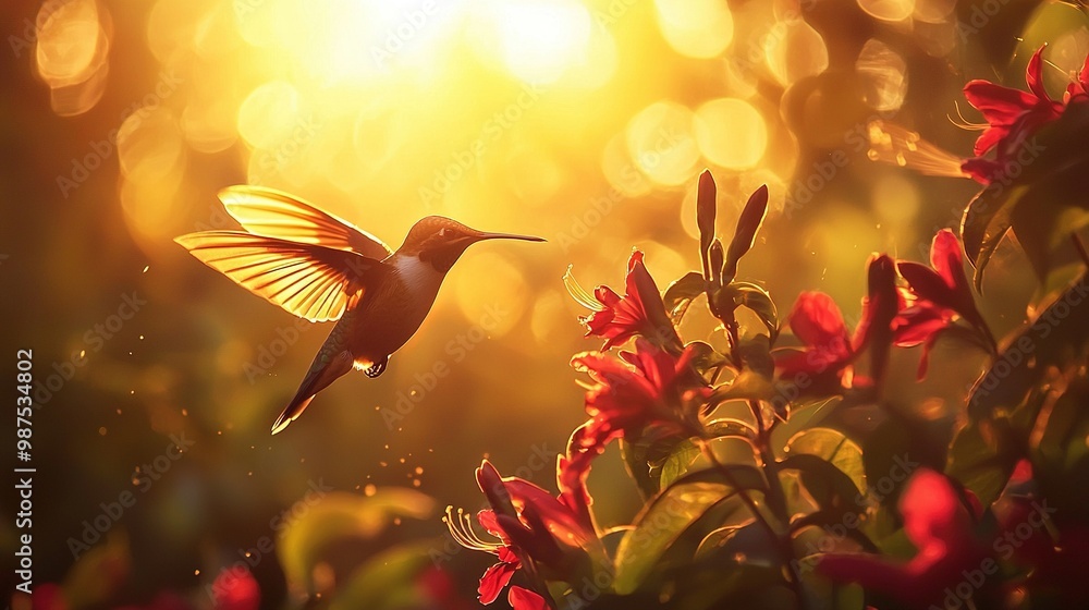 Poster   A Hummingbird flies over Red Flowers under a Yellow and Red Sunburst