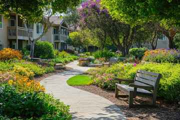 A beautifully designed garden with stone walkways, lush greenery, and colorful flowers in front of an apartment building