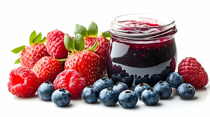 Fresh berries with a jar of homemade jam, vibrant colors, and a tempting arrangement on a white background.