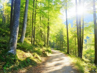 A peaceful autumn pathway lined with vibrant golden leaves under a clear blue sky