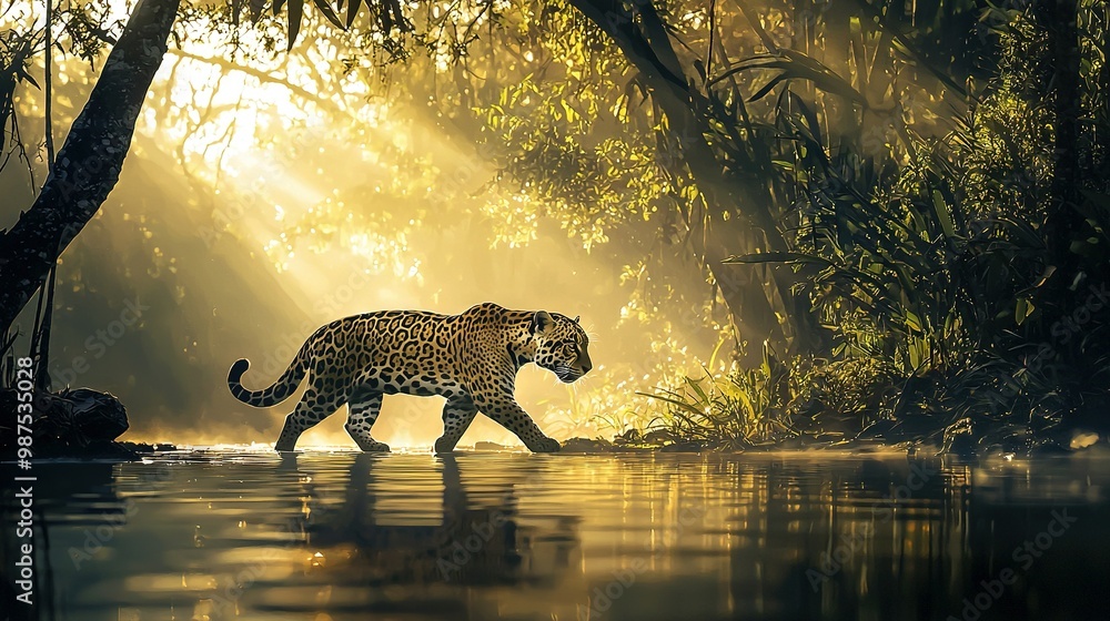 Poster   A cheetah sauntering through a forested river, bathed in golden sunlight filtering through the treetops