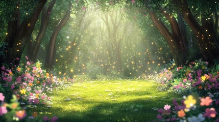 Enchanted forest clearing with glowing fireflies and blooming flowers. © Postproduction