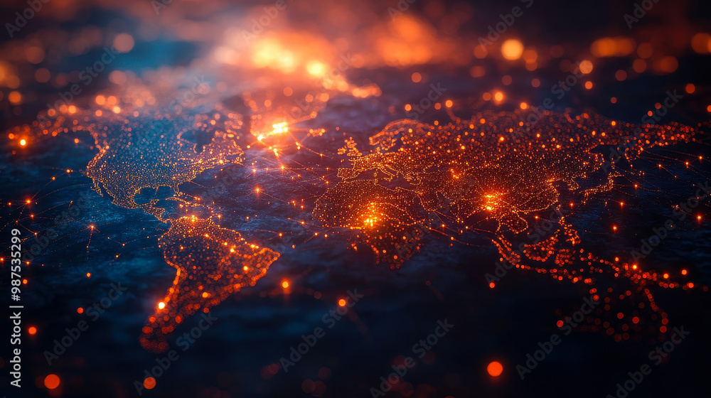 Poster digital global network map illuminated with connectivity points representing international communica