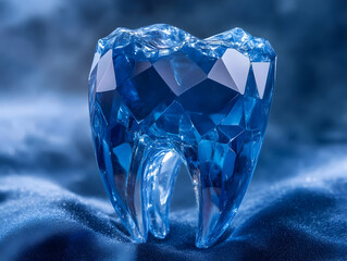 A stunning blue crystal tooth sculpture reflecting light beautifully, representing dental health and aesthetics.