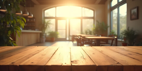 Blank wooden counter table in soft sunlight