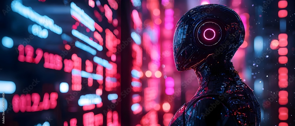 Poster robotic trader using intelligence and advanced analytics to analyze market trends financial predicti